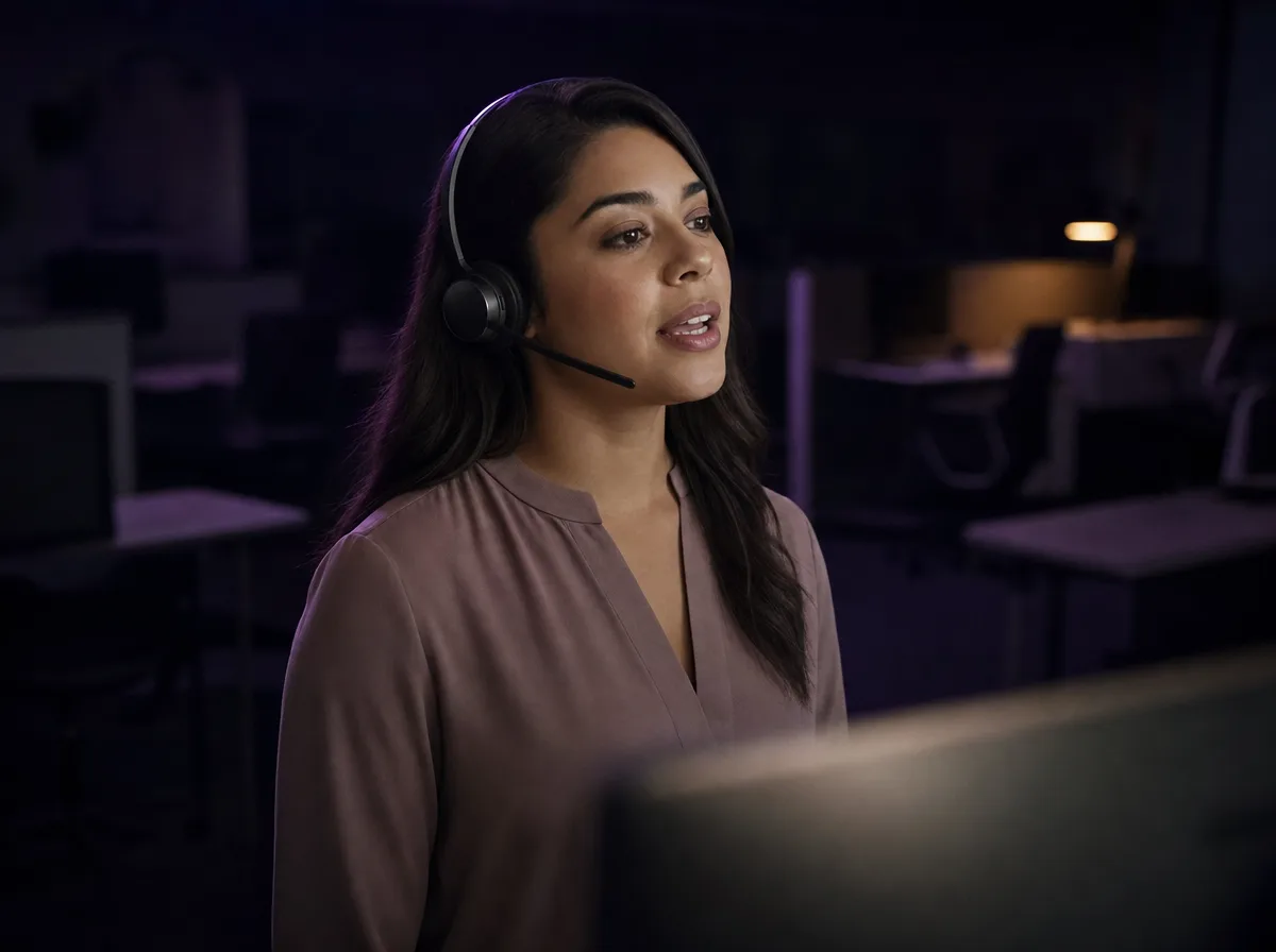 A sales rep in a headset at a standing desk on an otherwise empty floor at night.