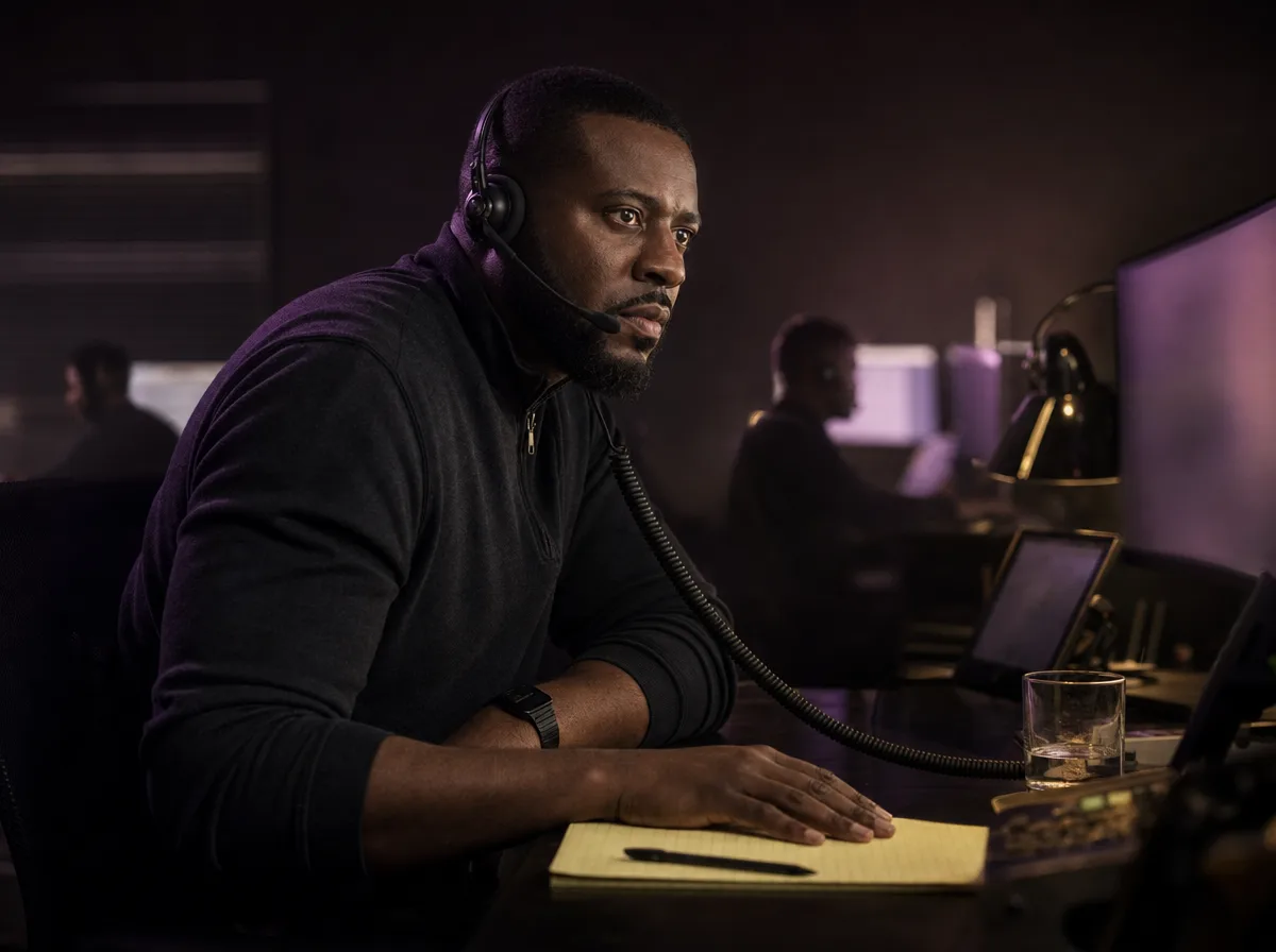 A man in a headset leans into his desk mid-phone-call with blurred workstations behind him.