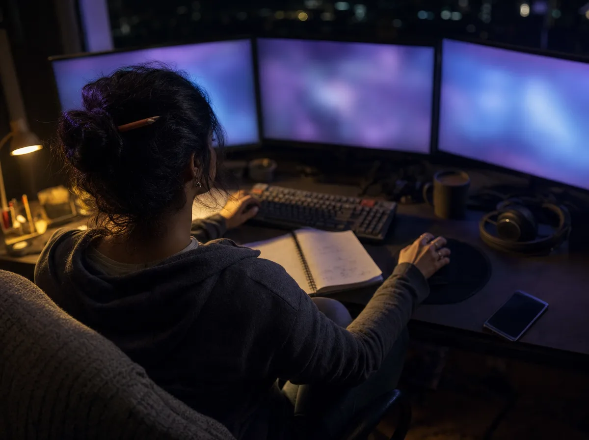 Over the shoulder of a woman at a three-monitor desk at night, phone face-up beside her keyboard.