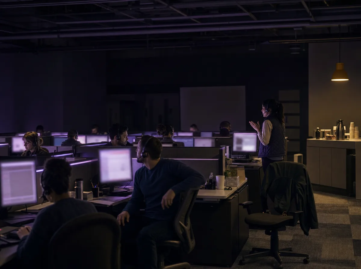 Wide view of a dim call floor at night with agents in headsets lit by the purple glow of monitors.