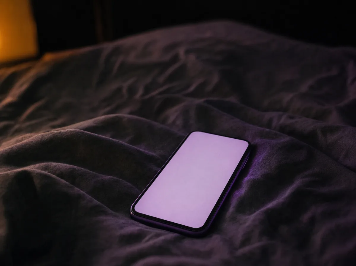 A phone lies face-up on rumpled dark bedding, its screen a plain glowing rectangle.