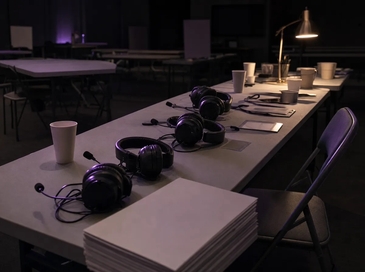 Coiled headsets and paper cups on a folding table in an empty campaign office at night.