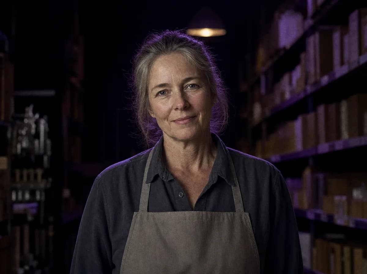 A shop owner stands in her own store after hours, looking at camera with a slight smile.