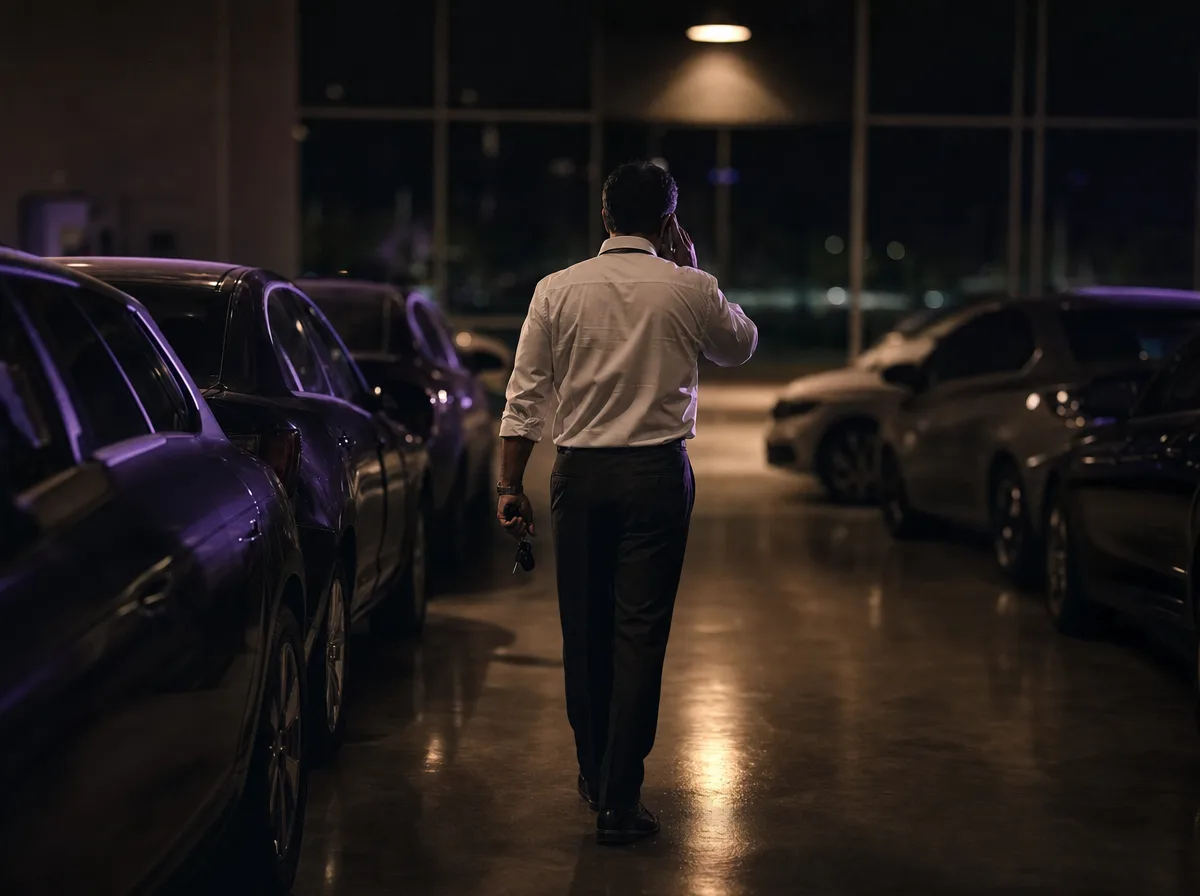 Car salesperson on a phone call walking between rows of cars in a dim showroom at night.
