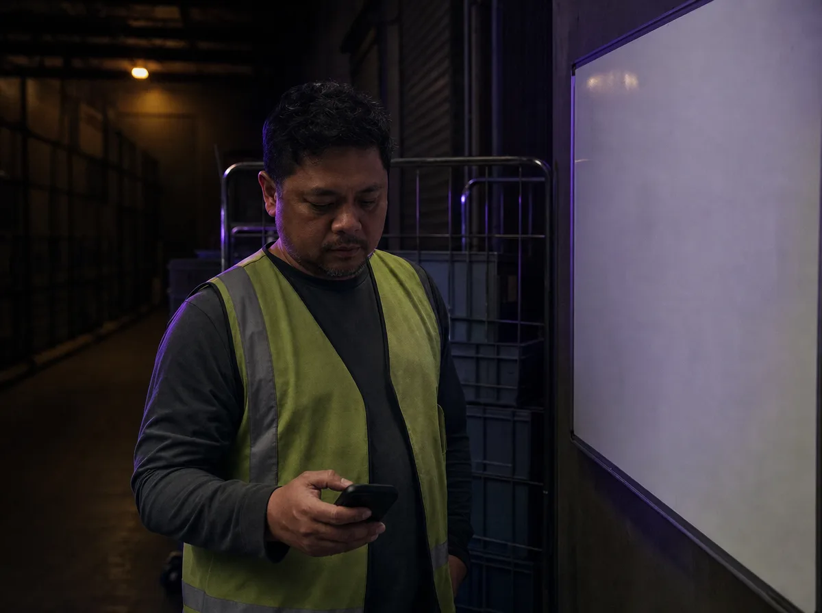 Operations supervisor in a hi-vis vest checks his phone by a blank shift board at night.