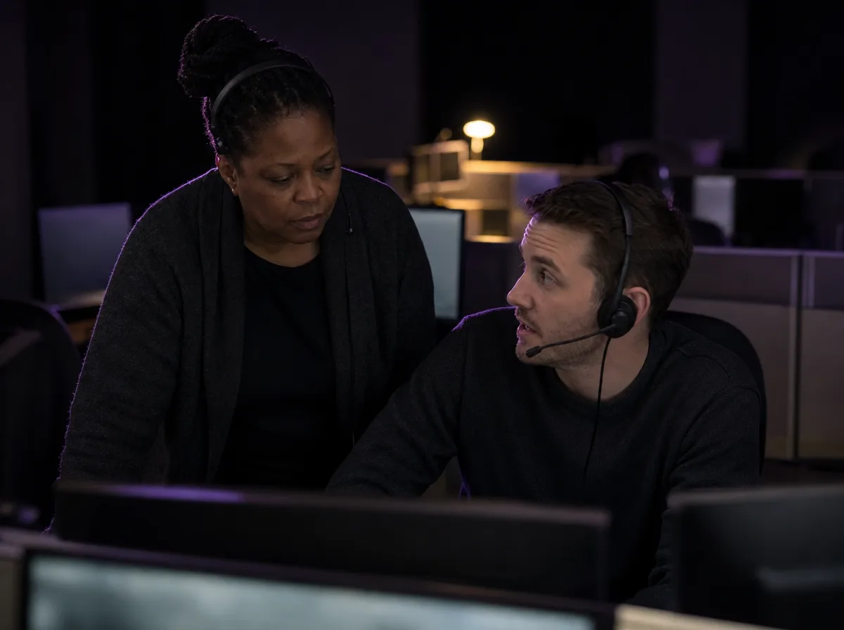 A floor supervisor leans in at an agent's desk, both in headsets, lit by monitor glow.