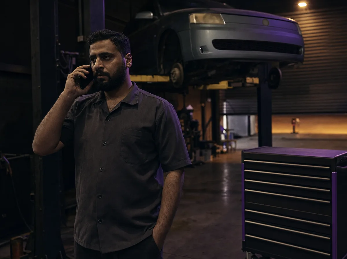 Service advisor takes a phone call in a dark dealership service bay beside a vehicle lift.