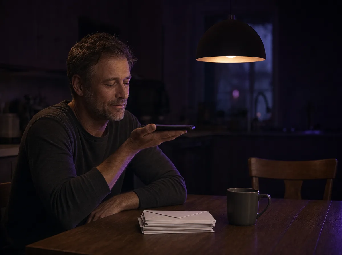 A man at his kitchen table at night listens to a voicemail beside a stack of blank envelopes.
