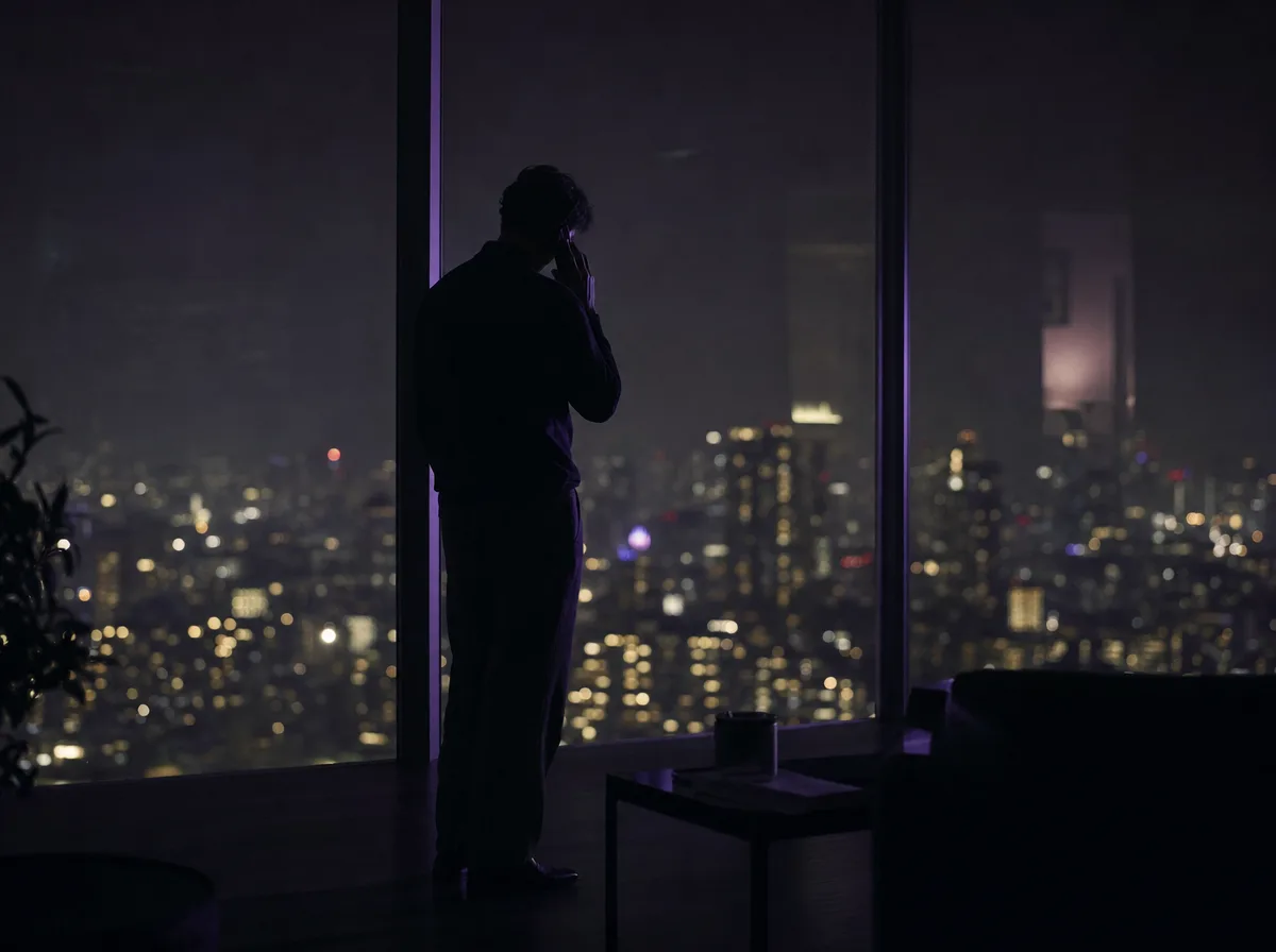 A person silhouetted at a high window at night holds a phone to their ear above city lights.