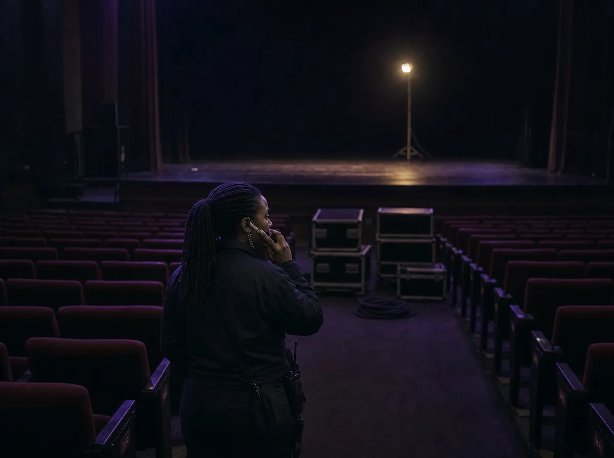 Event producer stands in an empty theatre before doors open, taking a call.