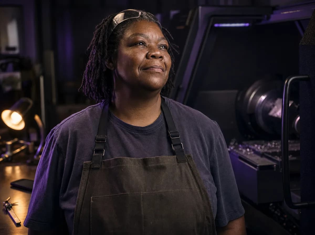 Machine shop owner in a work apron stands beside her lathe at night, smiling after a call.