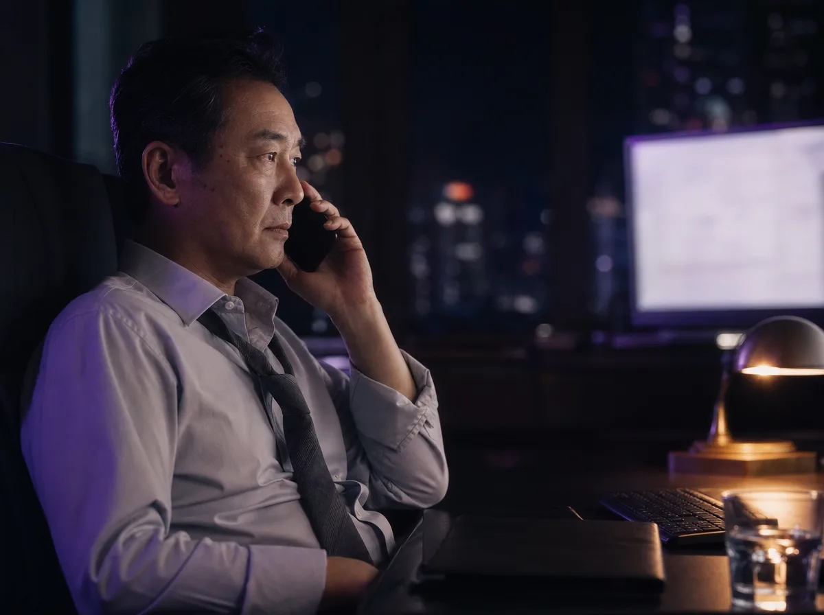 Financial advisor on a call at his desk at night with monitors thrown out of focus.