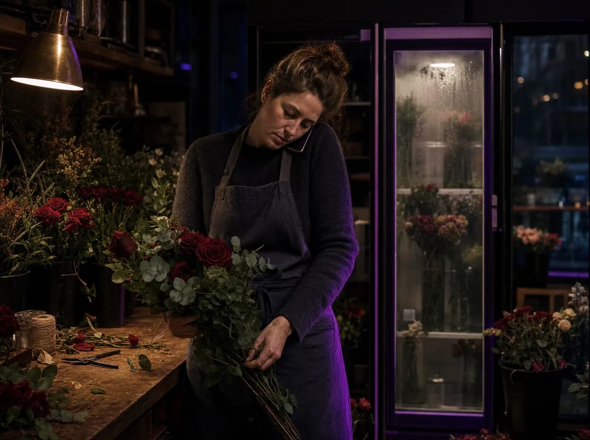 Florist takes a call before dawn among buckets of roses on her workbench.