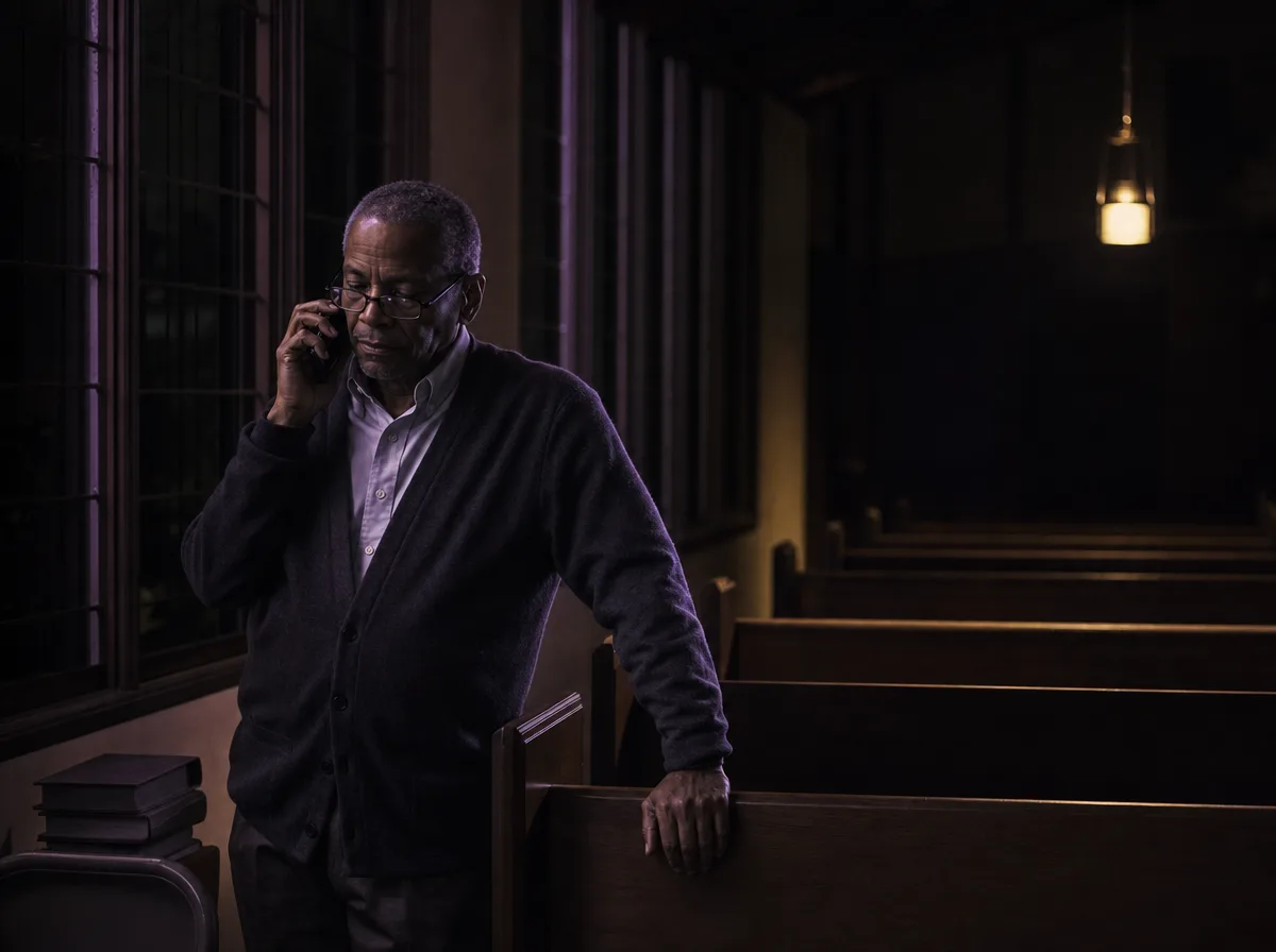 Church volunteer coordinator stands among empty wooden pews at night holding a phone.