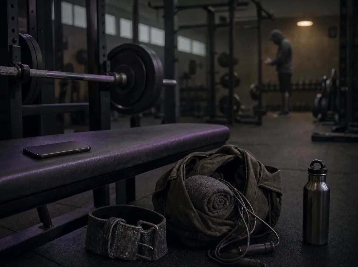 Phone face-down on a weight bench beside a gym bag with racks and a barbell blurred behind.