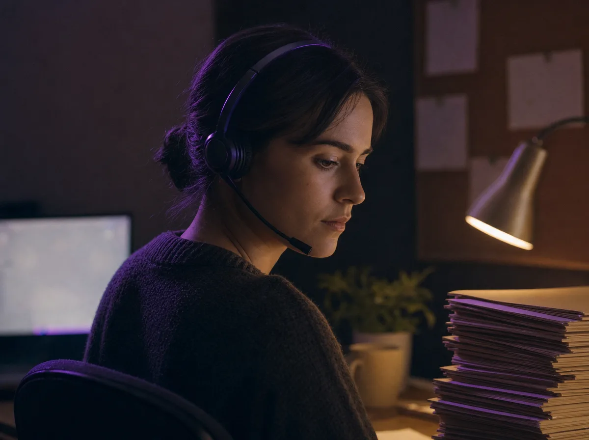Admissions counselor at her office desk after hours listens on a headset.