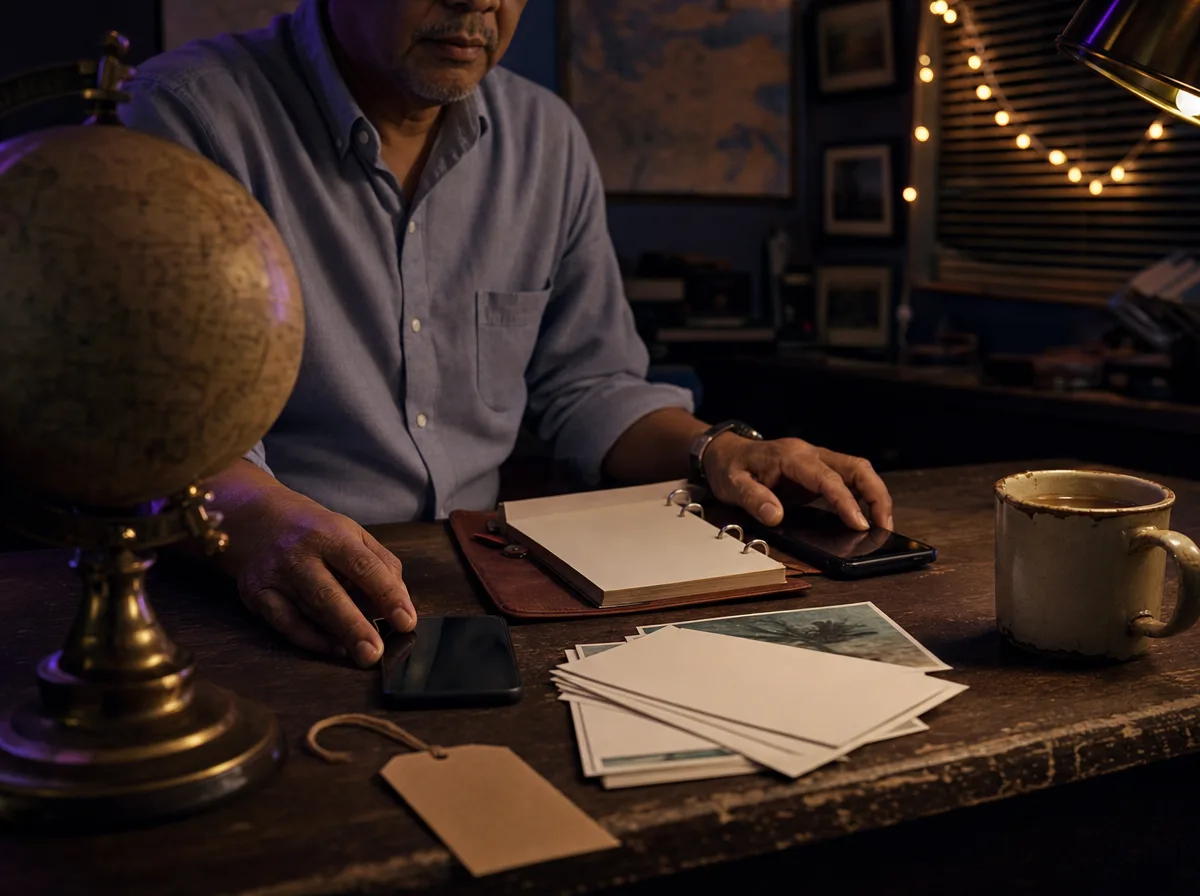 Travel advisor's hands at a desk with a globe, planner and phone, a blurred wall map behind.
