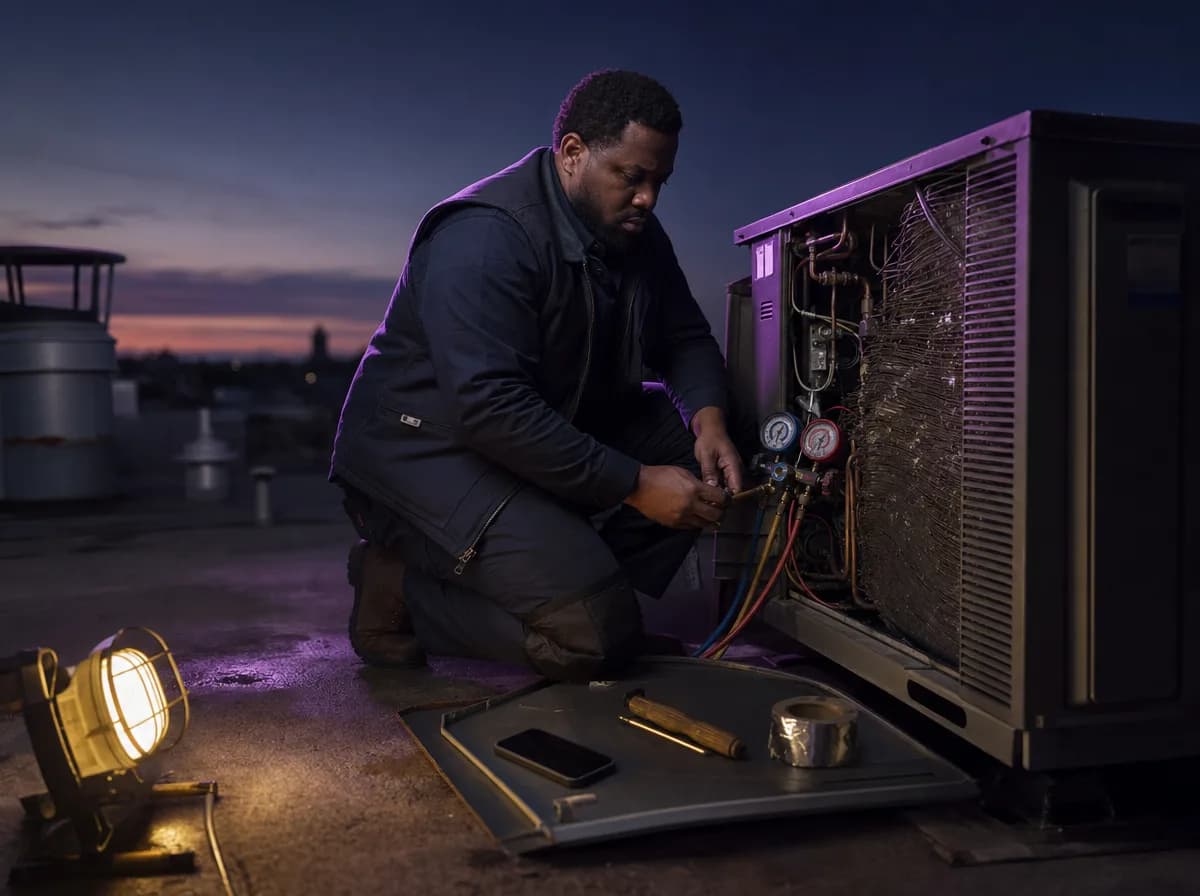 HVAC technician kneeling beside an open rooftop condenser unit at dusk with gauges and a phone face-down.