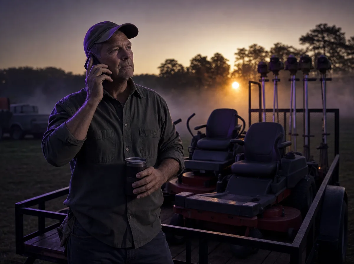 Landscaping crew lead takes a call by a trailer of mowers at dawn in a dewy yard.