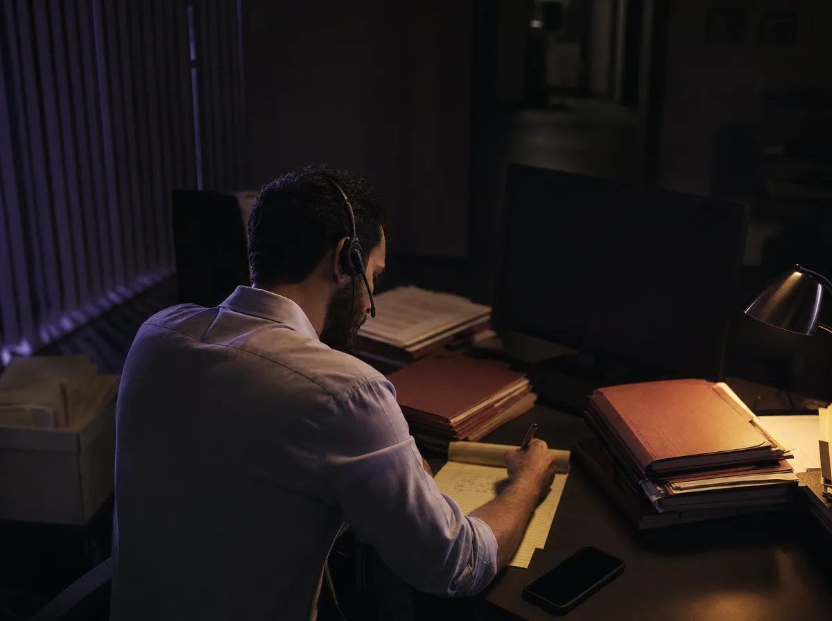 Law firm intake specialist wearing a headset writes on a legal pad at a file-covered desk at night.