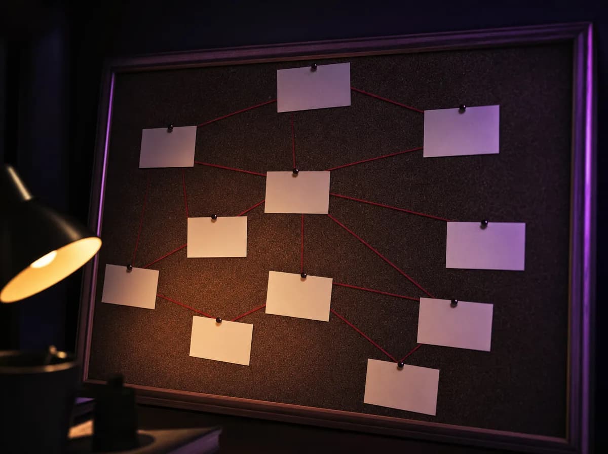 Blank index cards pinned to a dark corkboard in a branching pattern under a desk lamp.