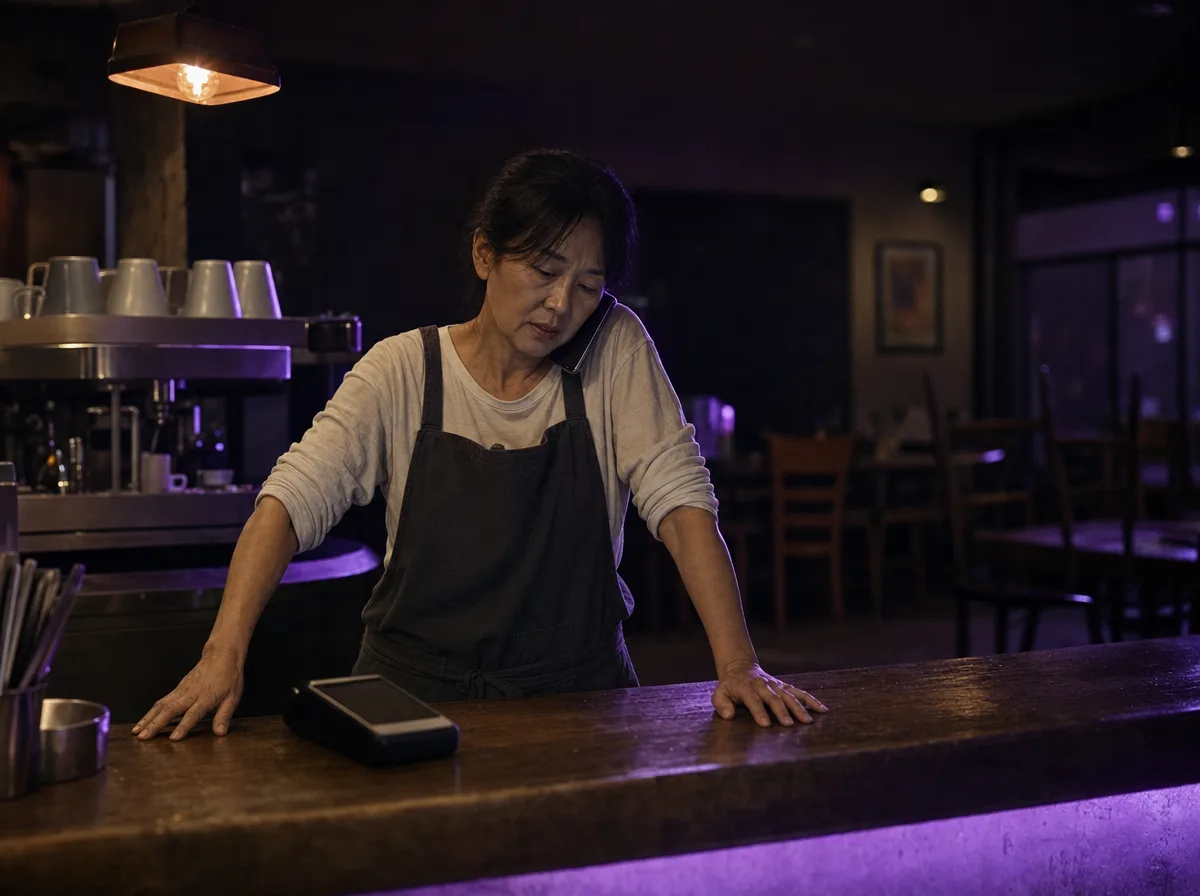 Cafe owner behind her counter after closing takes a call beside a blank card terminal.