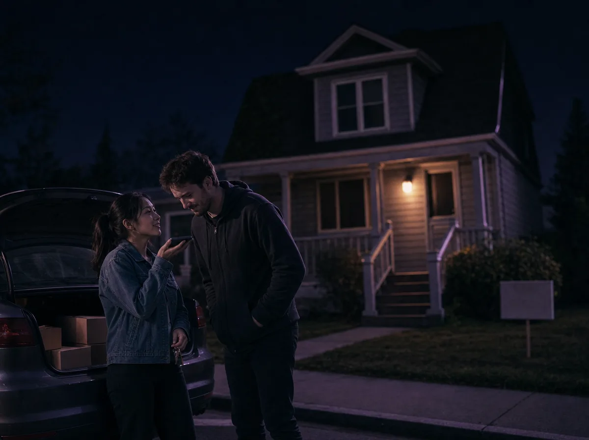 A couple outside a house at dusk listen to a phone on speaker held in her palm.