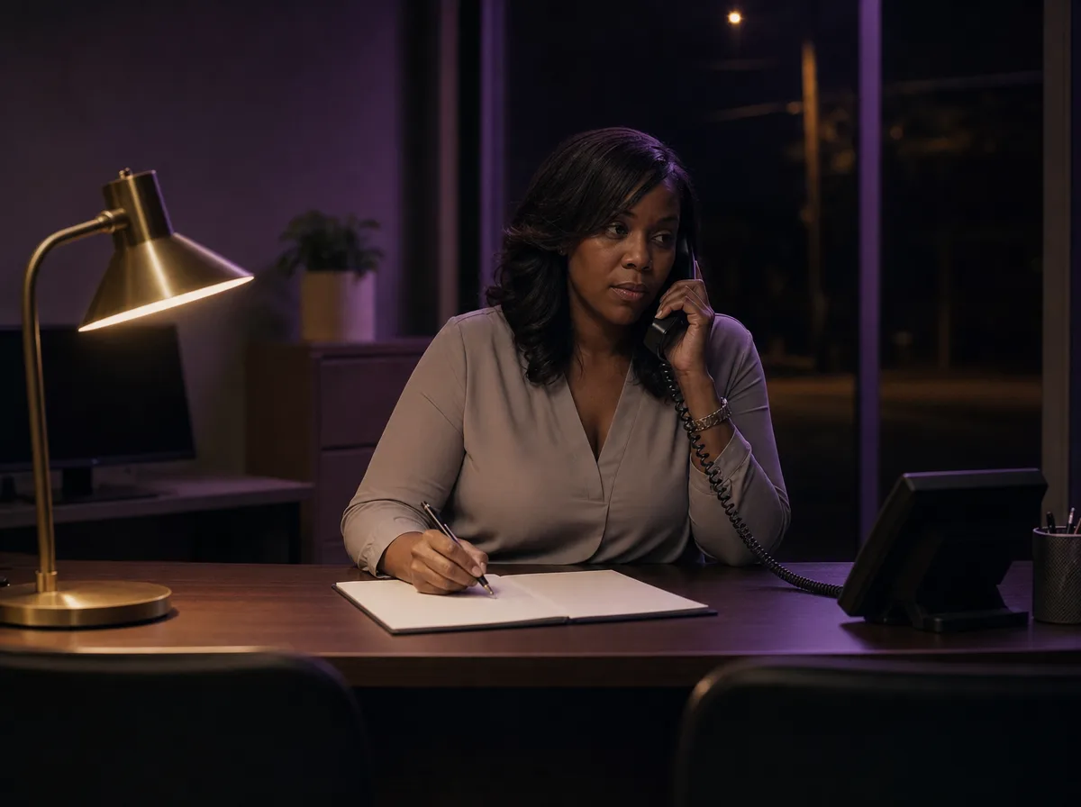 Lending branch manager at her desk in a small storefront office after hours.