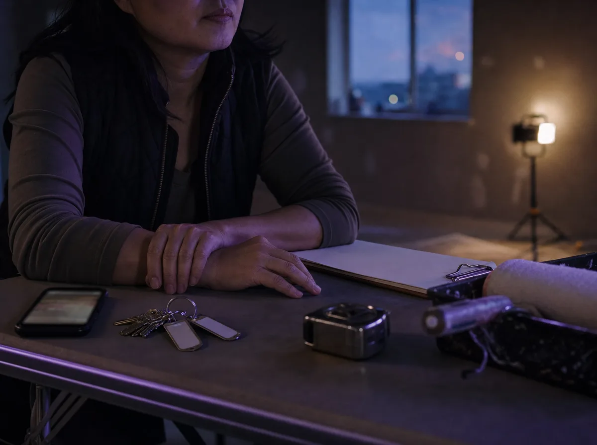 Property manager's hands at a table with keys, a paint roller and a phone in an empty apartment.
