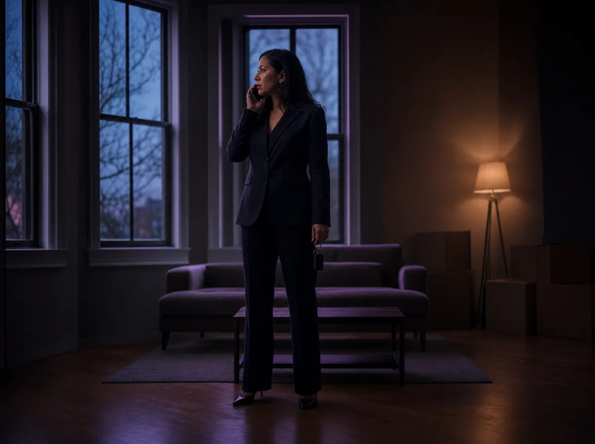 Agent stands alone in an empty staged living room at dusk holding a phone to her ear.
