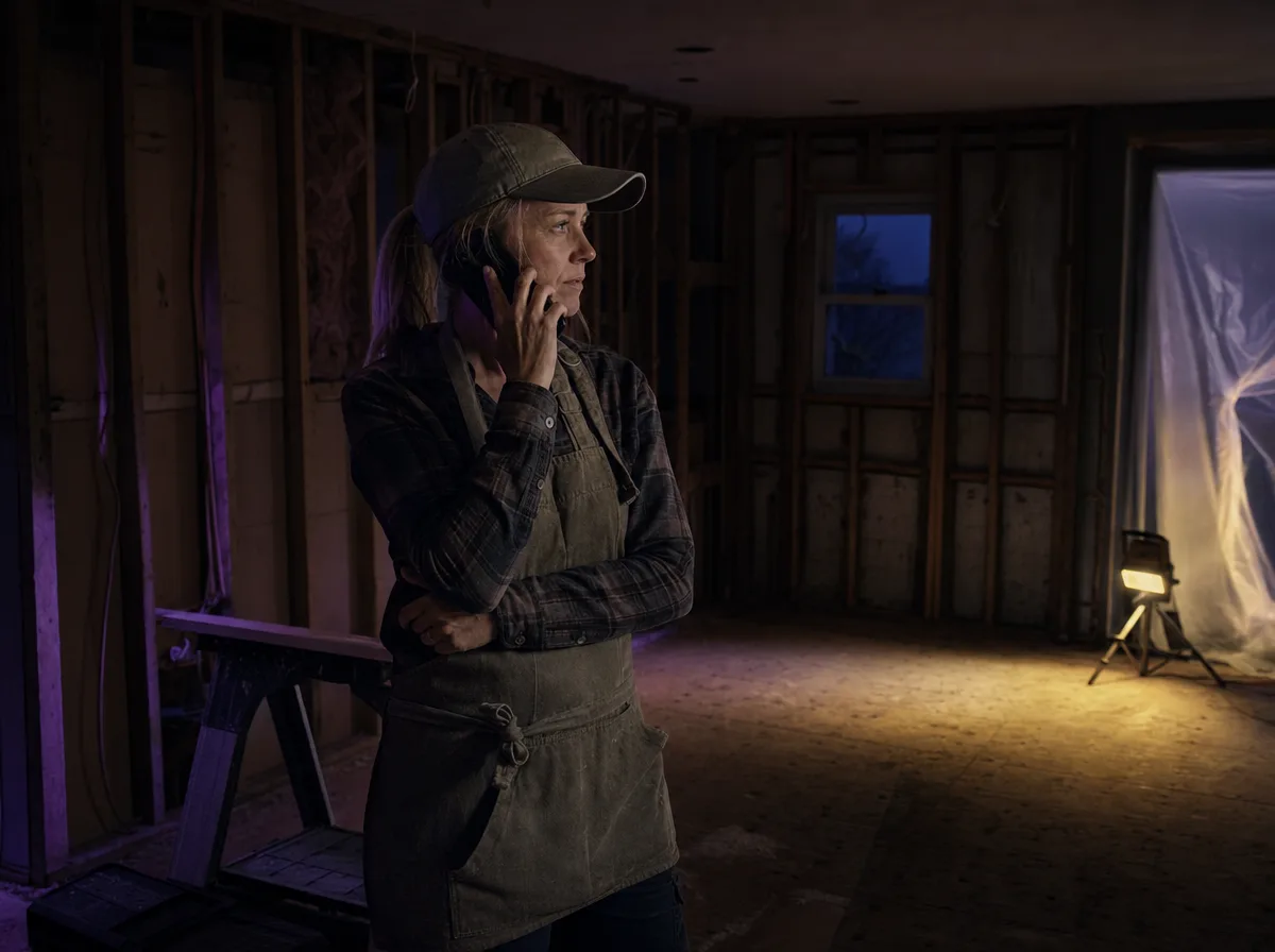Remodeler stands in a gutted kitchen at dusk on a phone call under a work light.