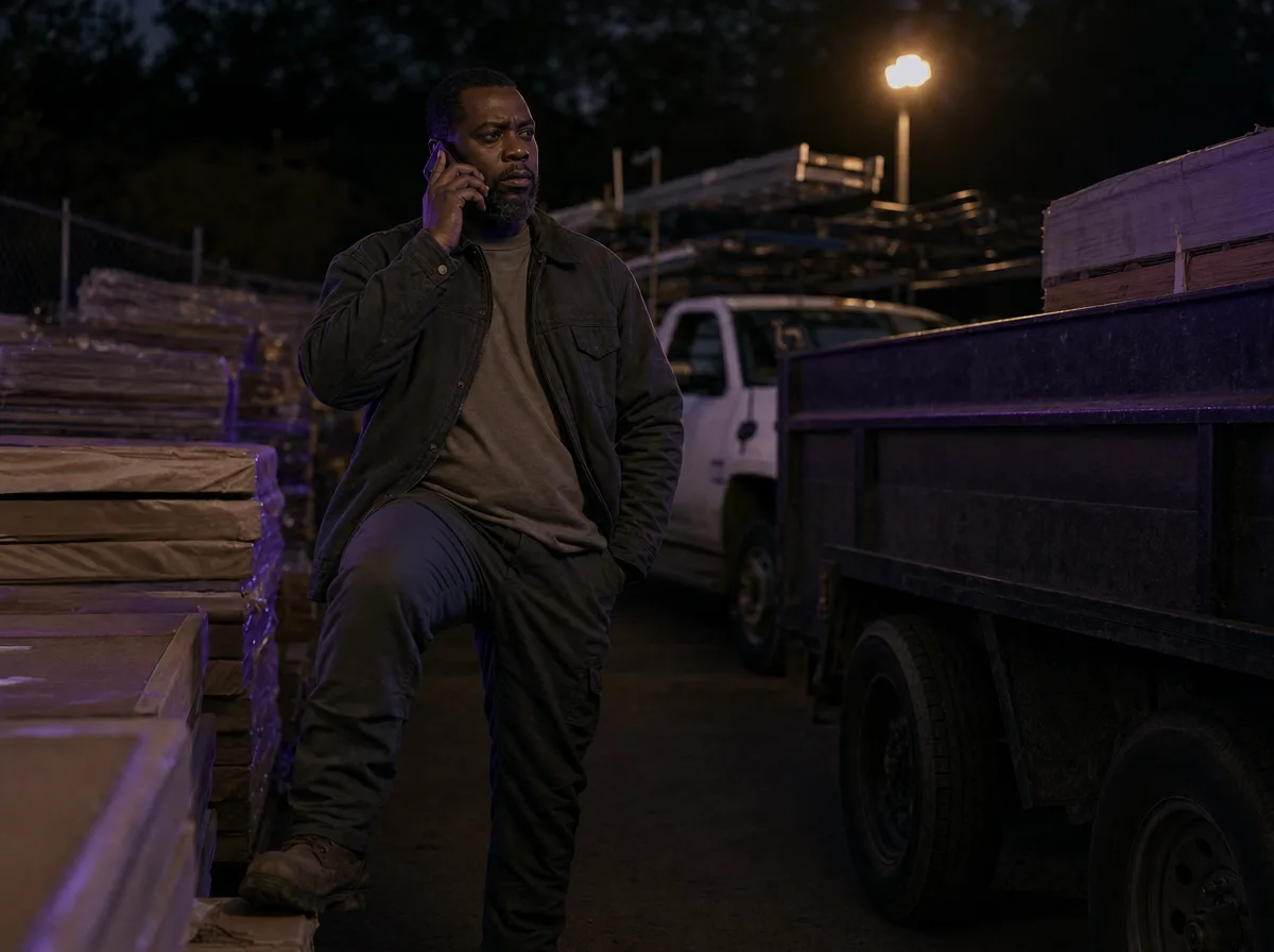 Roofing company owner takes a call in his truck yard beside stacked shingle bundles.