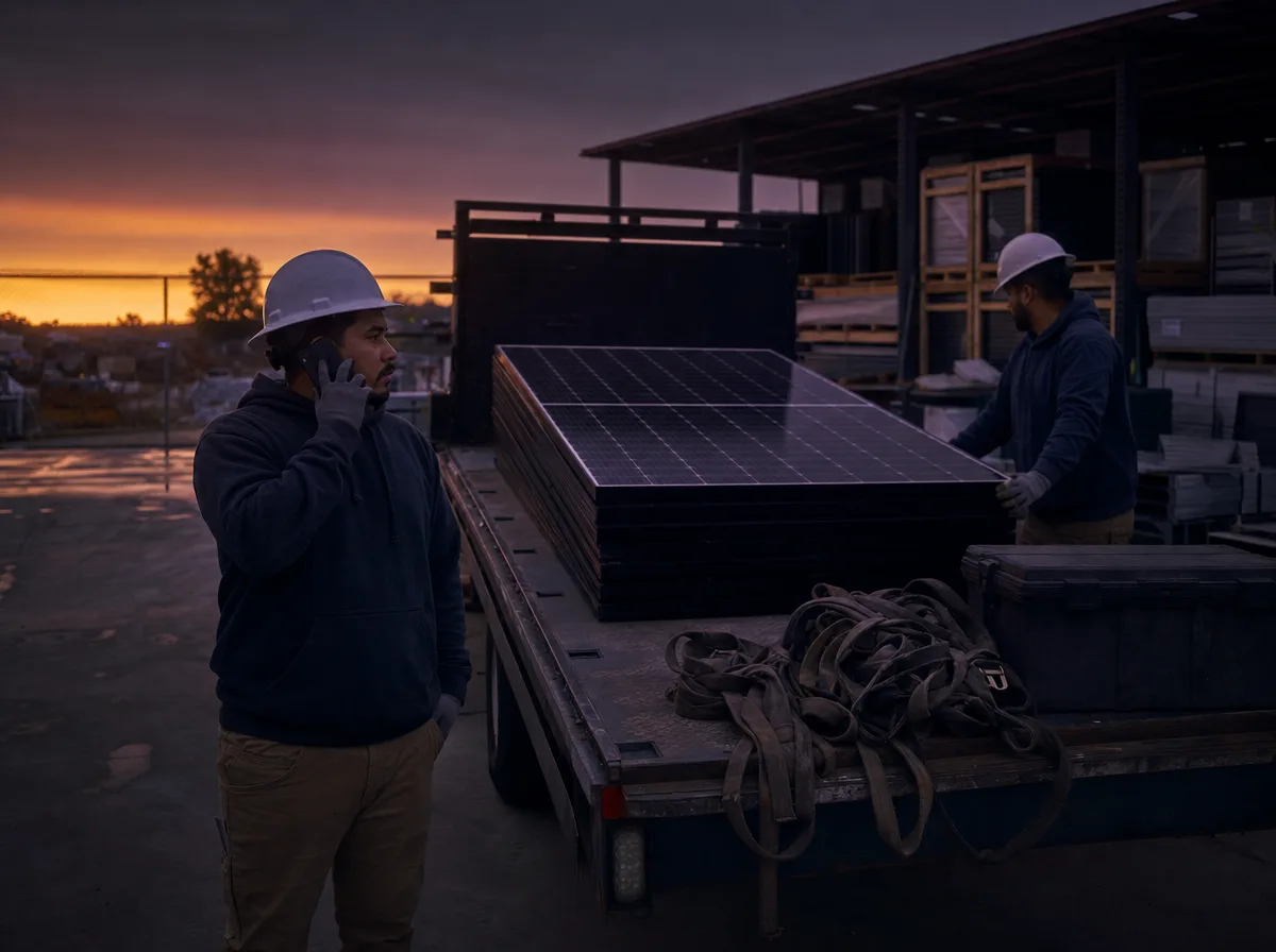 Two solar installers load panels onto a truck at dawn as one takes a phone call.