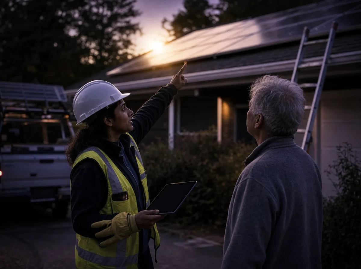 Solar installer in a hard hat talks with a homeowner in a driveway and points up at roof panels.