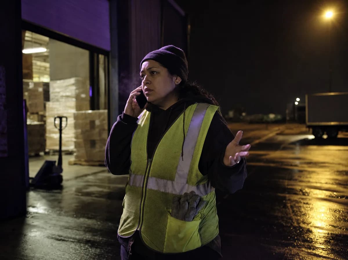 Warehouse worker in a hi-vis vest takes a phone call outside an open loading dock before dawn.
