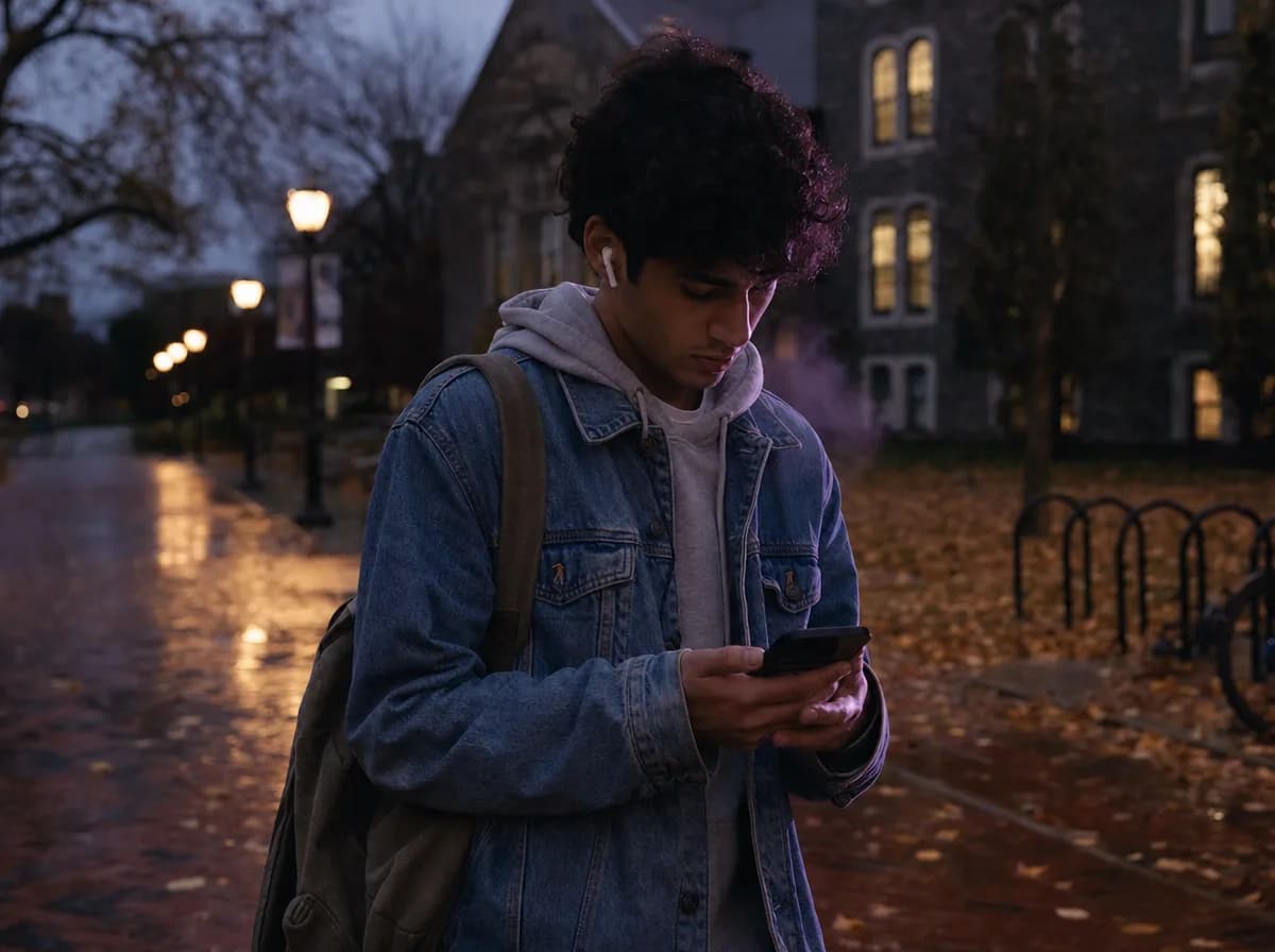 College student with a backpack stands on a brick campus path at dusk listening to his phone.