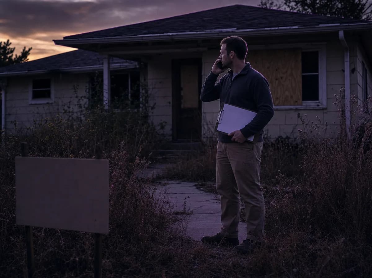 Property investor stands in the overgrown yard of a vacant boarded-up house at dusk.
