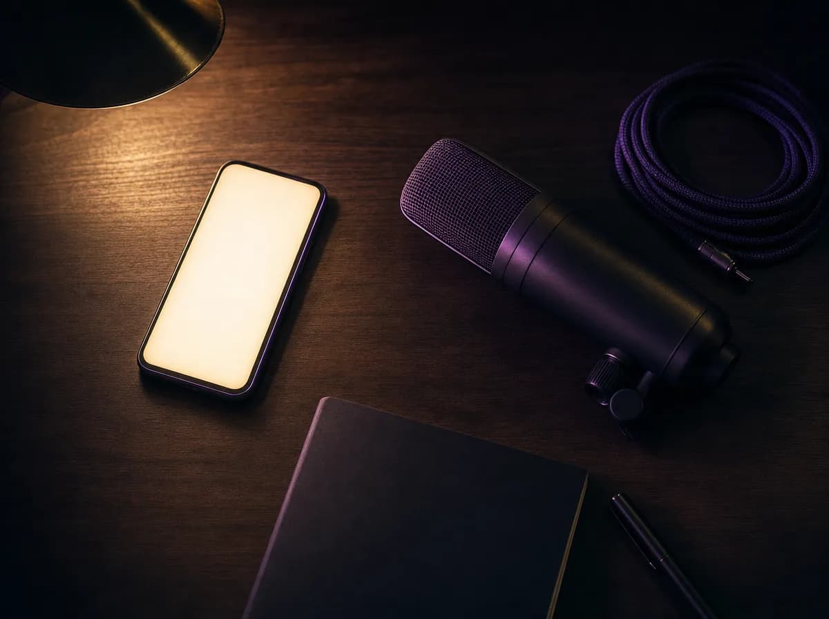 Overhead still life on a dark desk: a phone, a studio microphone and coiled headphones.