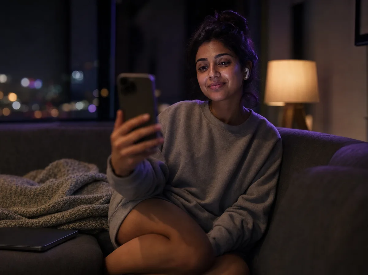 A woman on a couch at night listens to a voicemail on her phone, screen out of focus.