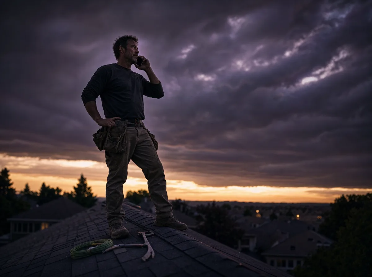 Roofing contractor on a shingle roof at dusk takes a phone call as storm clouds break up.