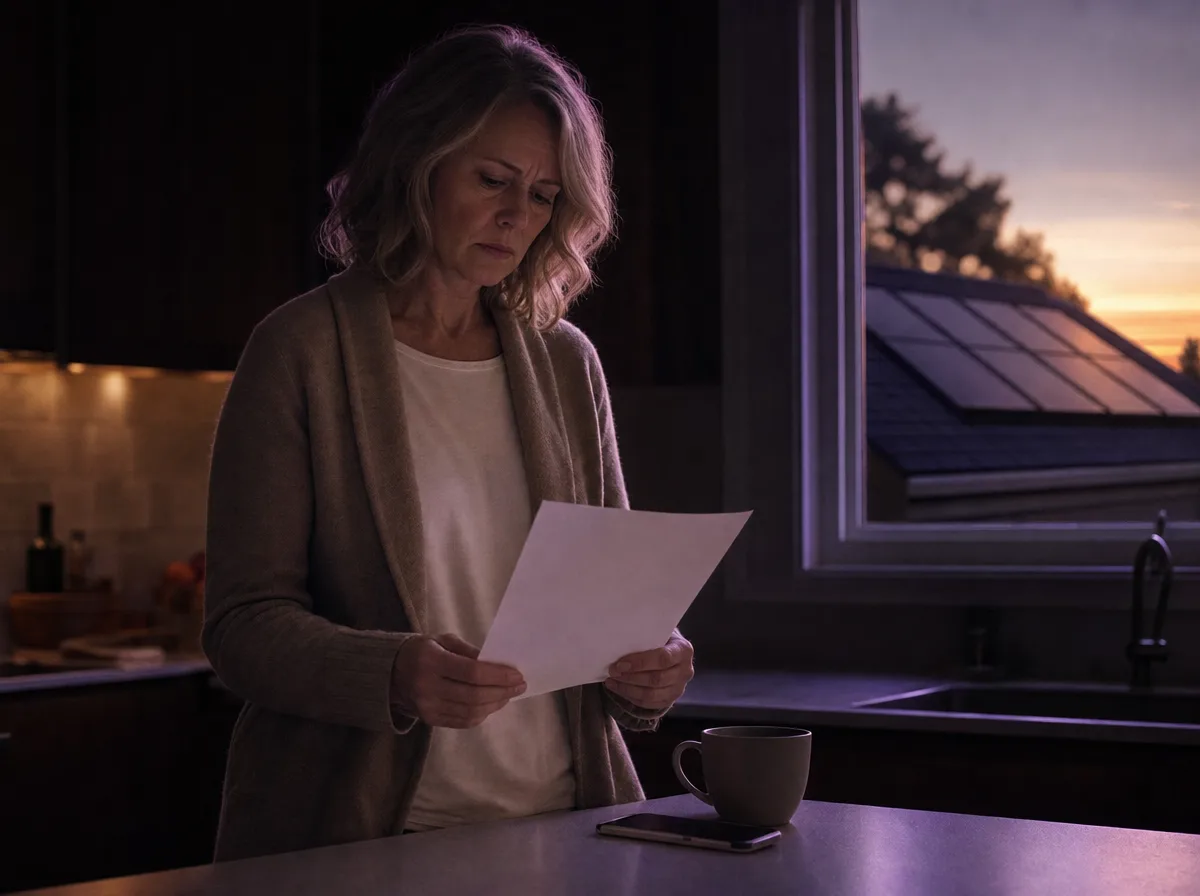 Homeowner studies a blank utility bill at her kitchen island as roof panels catch dusk light.