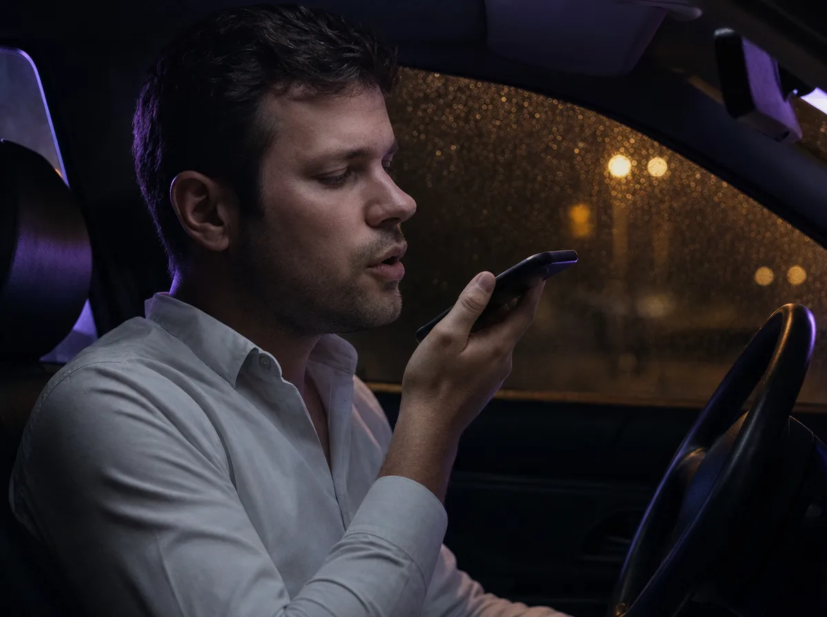 A man records a message on his phone in a parked car at night lit by the dashboard.