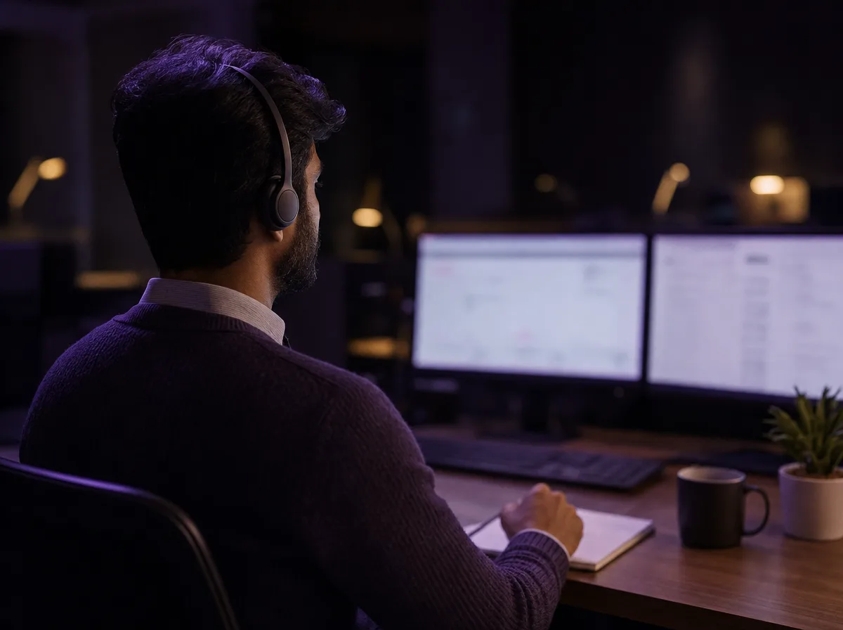 A man in a headset sits calmly at an office desk facing two blurred monitors, seen from behind.