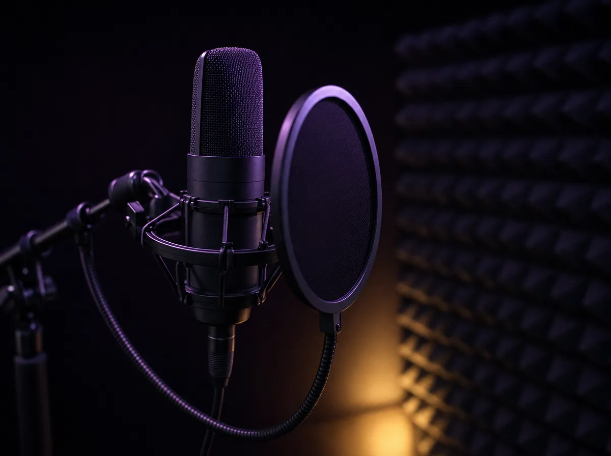 A studio condenser microphone on a boom in a dark vocal booth behind a pop filter.