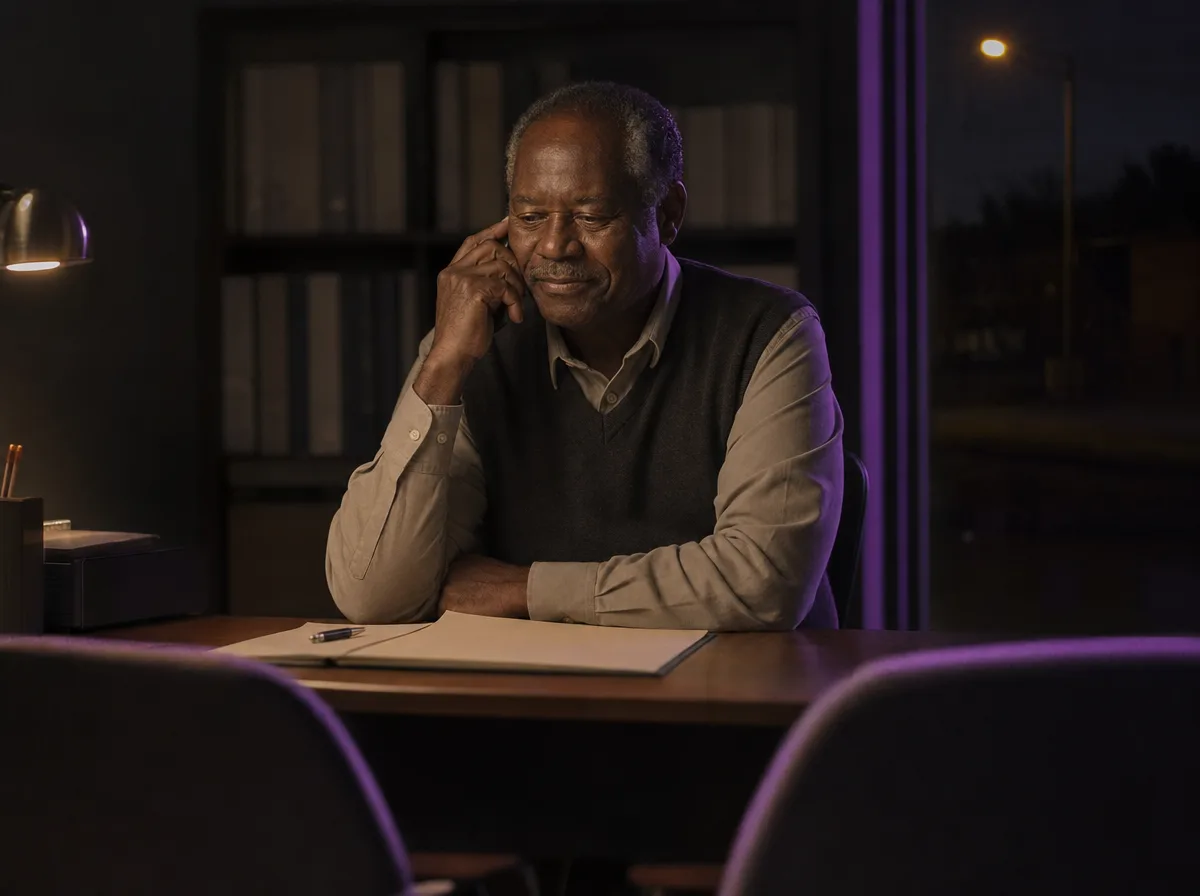 Insurance agent on the phone at his desk in a small storefront office at dusk.