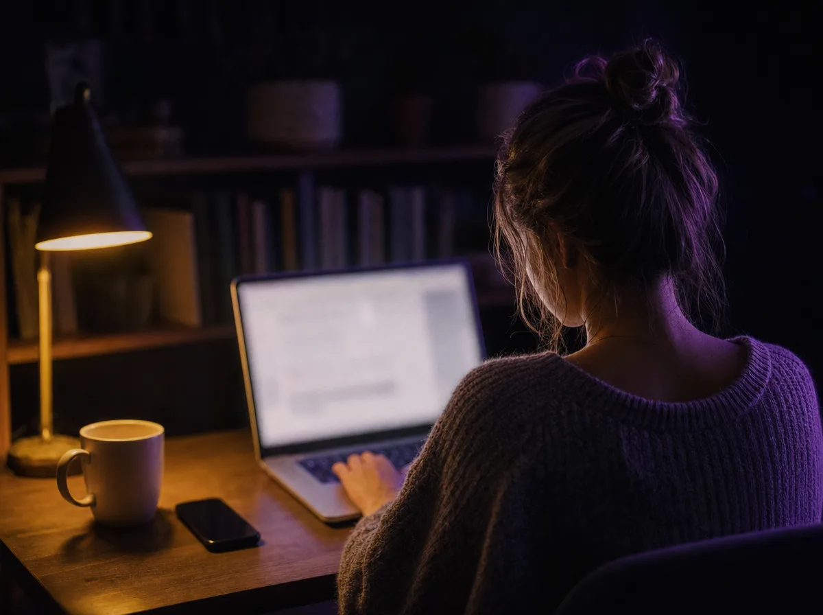 Over the shoulder of someone at a laptop in a dark home office, screen out of focus.