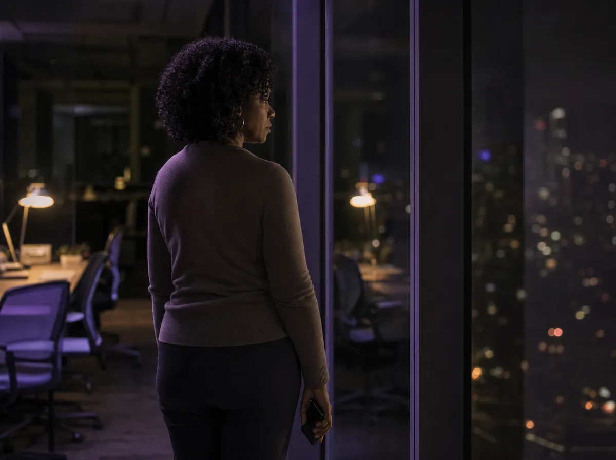 An operations lead stands at a dark office window at night with a phone in her hand.