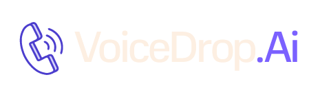 A sleek logo for 'voicedrop.ai' featuring stylized text alongside an abstract icon that includes a sound wave or voice pattern and a ringless voicemail symbol.