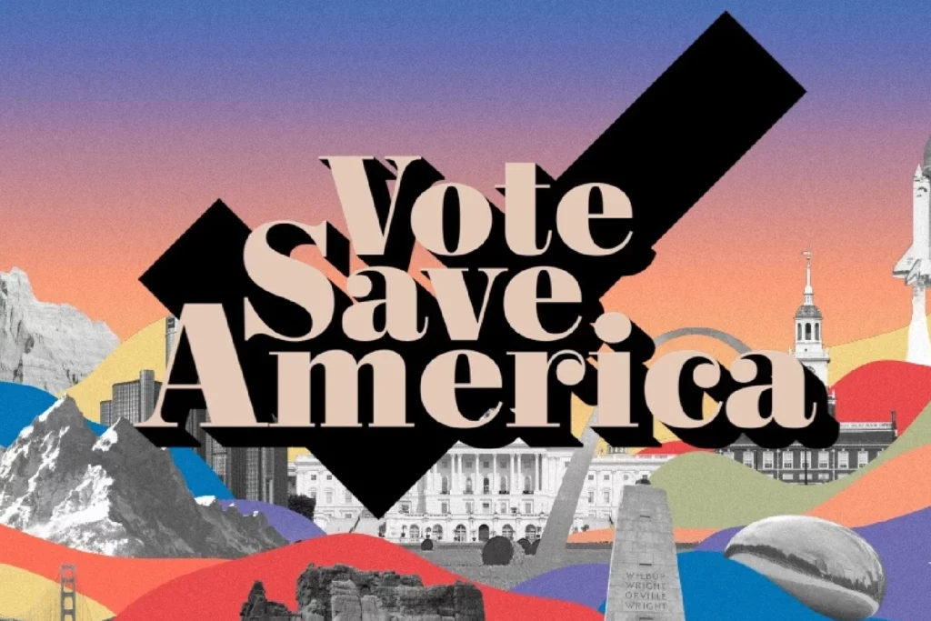 Abstract artwork featuring the text Vote Save America over a black check mark. The background includes colorful shapes and landmarks like mountains and buildings set against a gradient sky, embodying the vibrant spirit of political phone banking efforts. VoiceDrop Ringless Voicemails