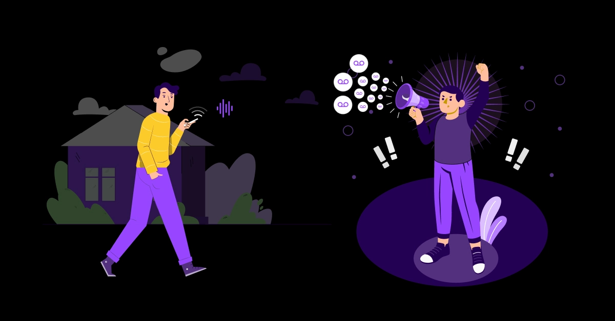 Illustration of a person in yellow checking their phone outside a house on the left, while another with a megaphone—reminiscent of the VoiceDrop vs JustDeliverIt debate—stands on the right, encircled by speech bubbles and exclamation marks. The dark background is accented by minimalist trees and clouds. VoiceDrop Ringless Voicemails